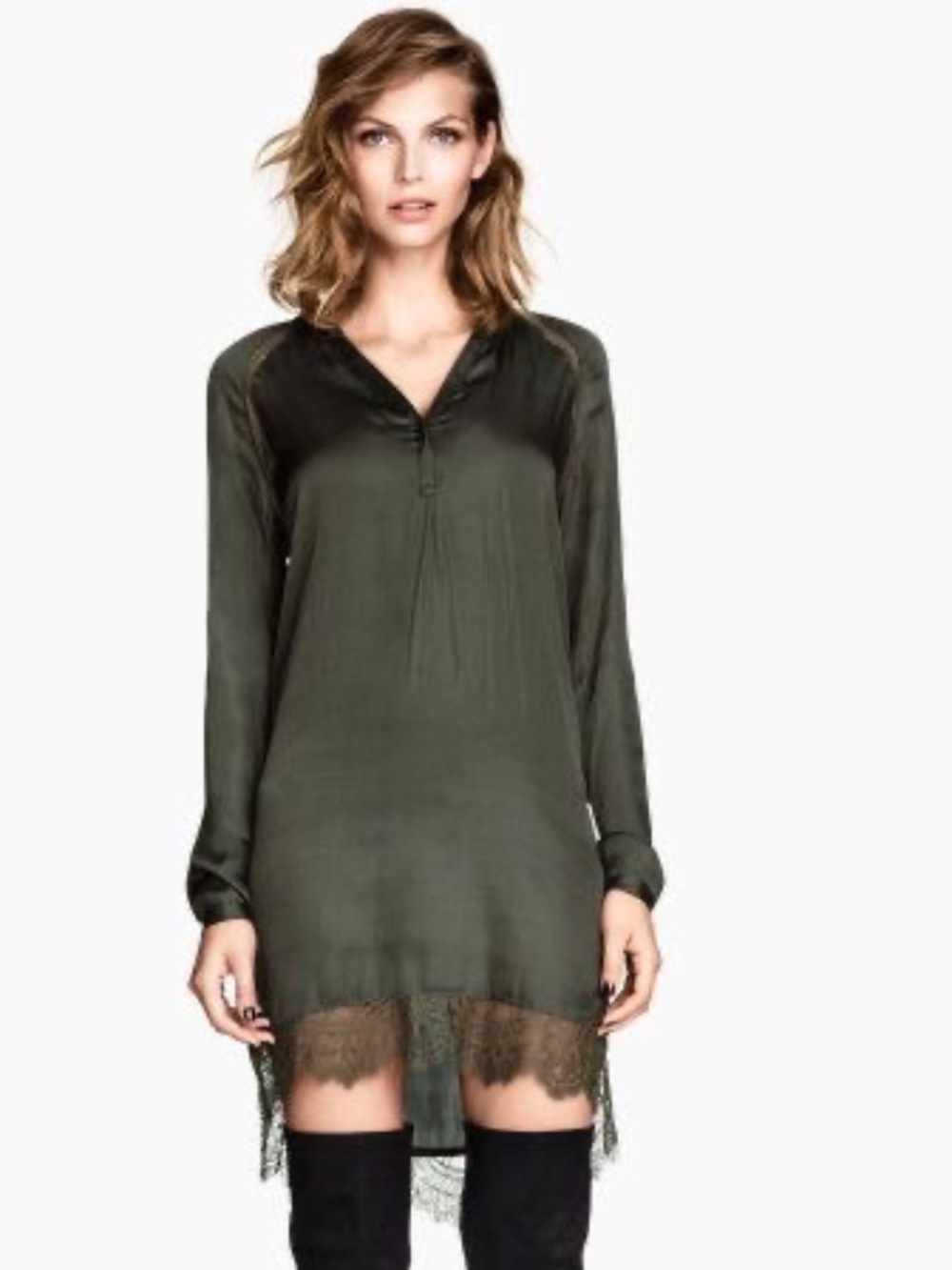 H&M Olive Green Satin Lace-Trim Tunic Dress Size 4